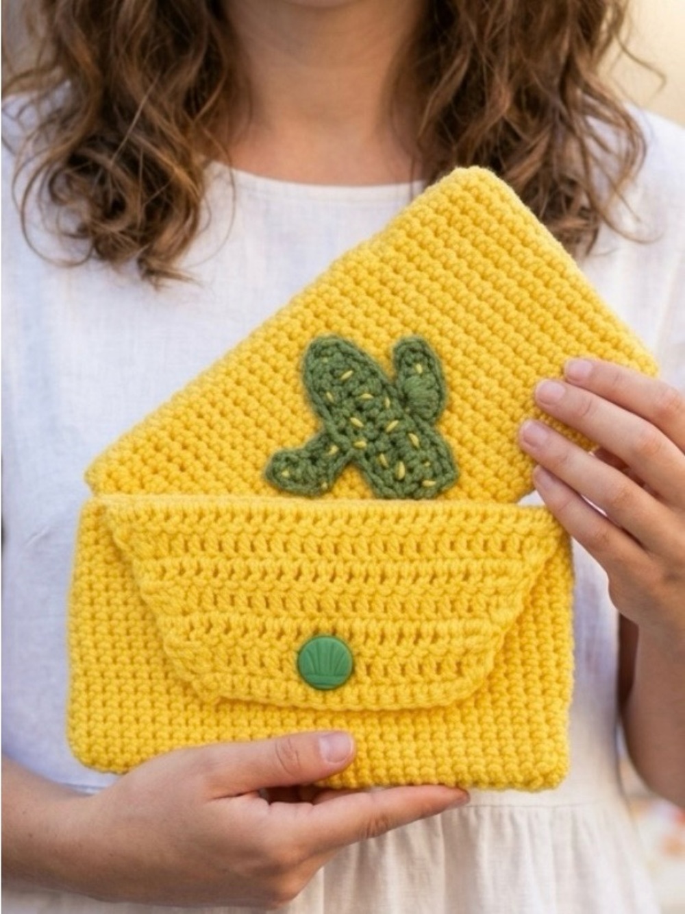 NWT Handmade Crochet Clutch Yellow Green Cactus AZ